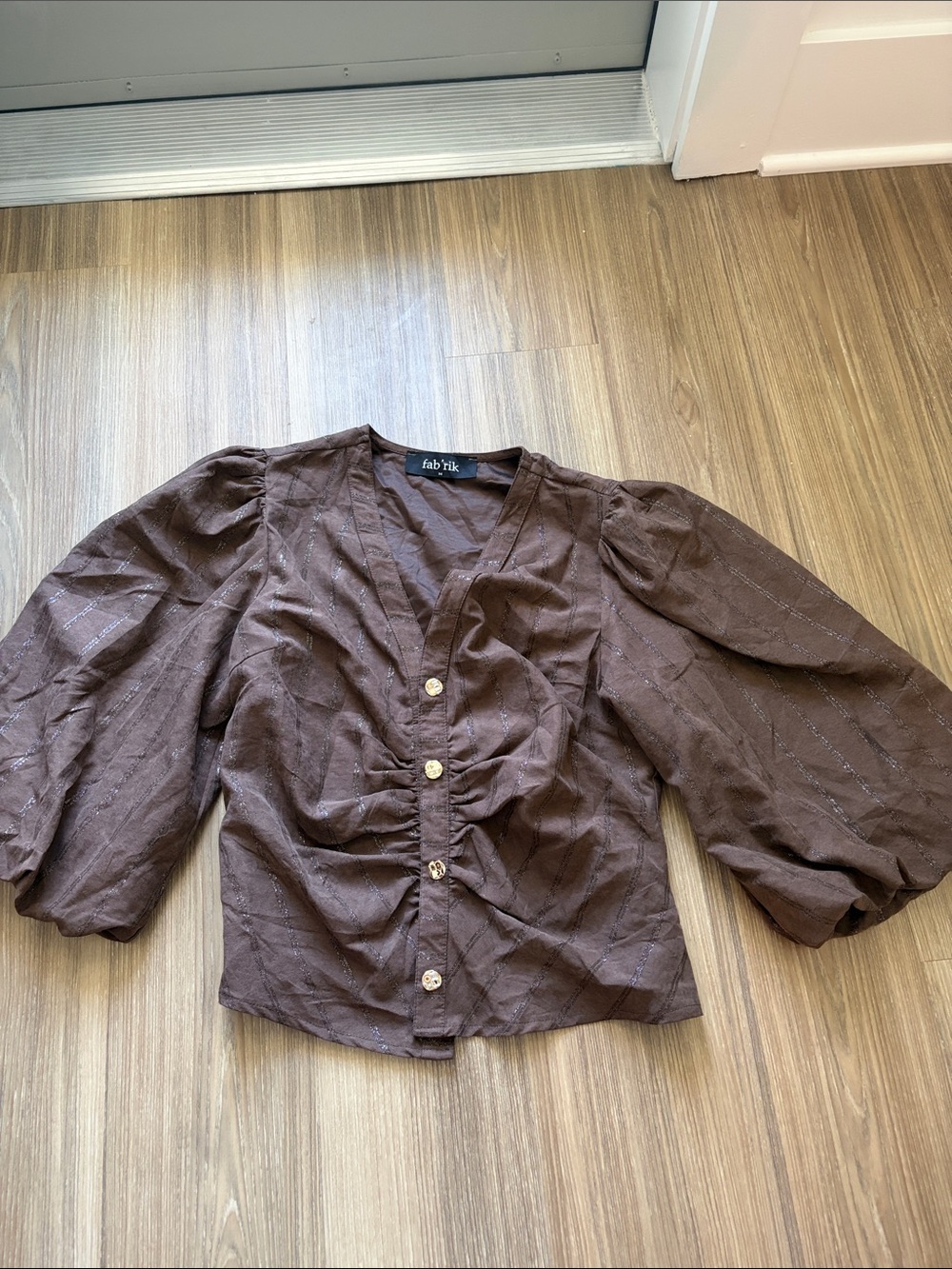 fab'rik Brown Puff Sleeve Ruched Button Blouse